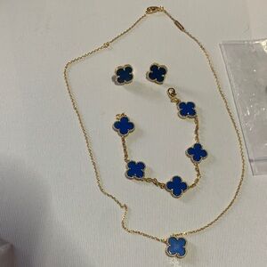 Gold & Blue Clover Pendant Necklace, Bracelet & Stud Earrings Set